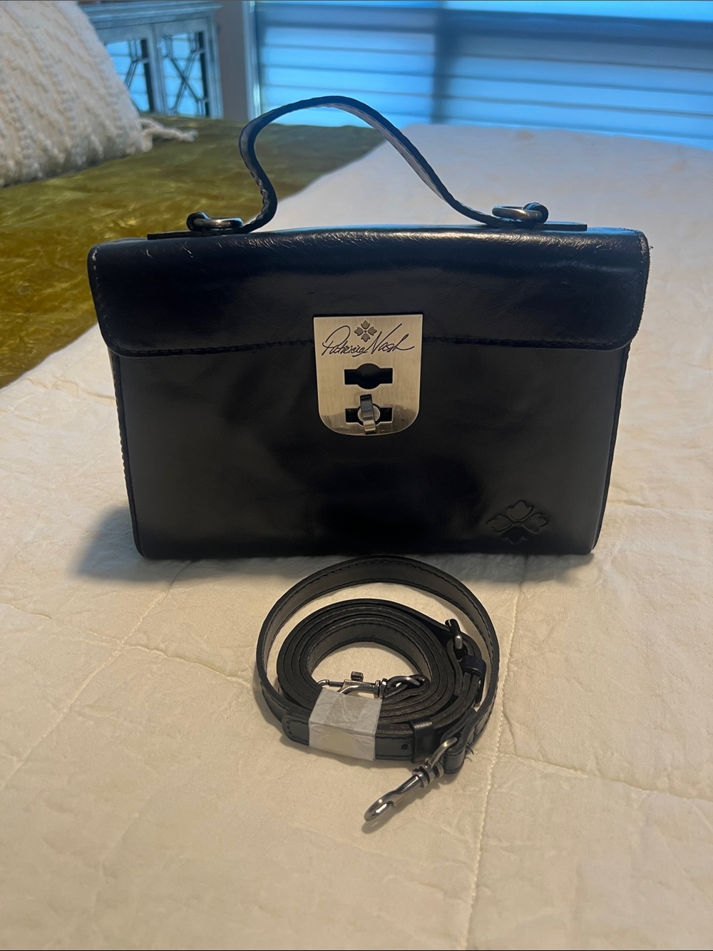 Patricia Nash Navy Leather Top-Handle Crossbody with Silver Turn-Lock